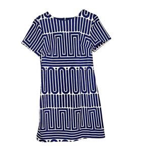 Trina Turk Geometric 70s Style Blue & White Mini Shift Dress. Size M.